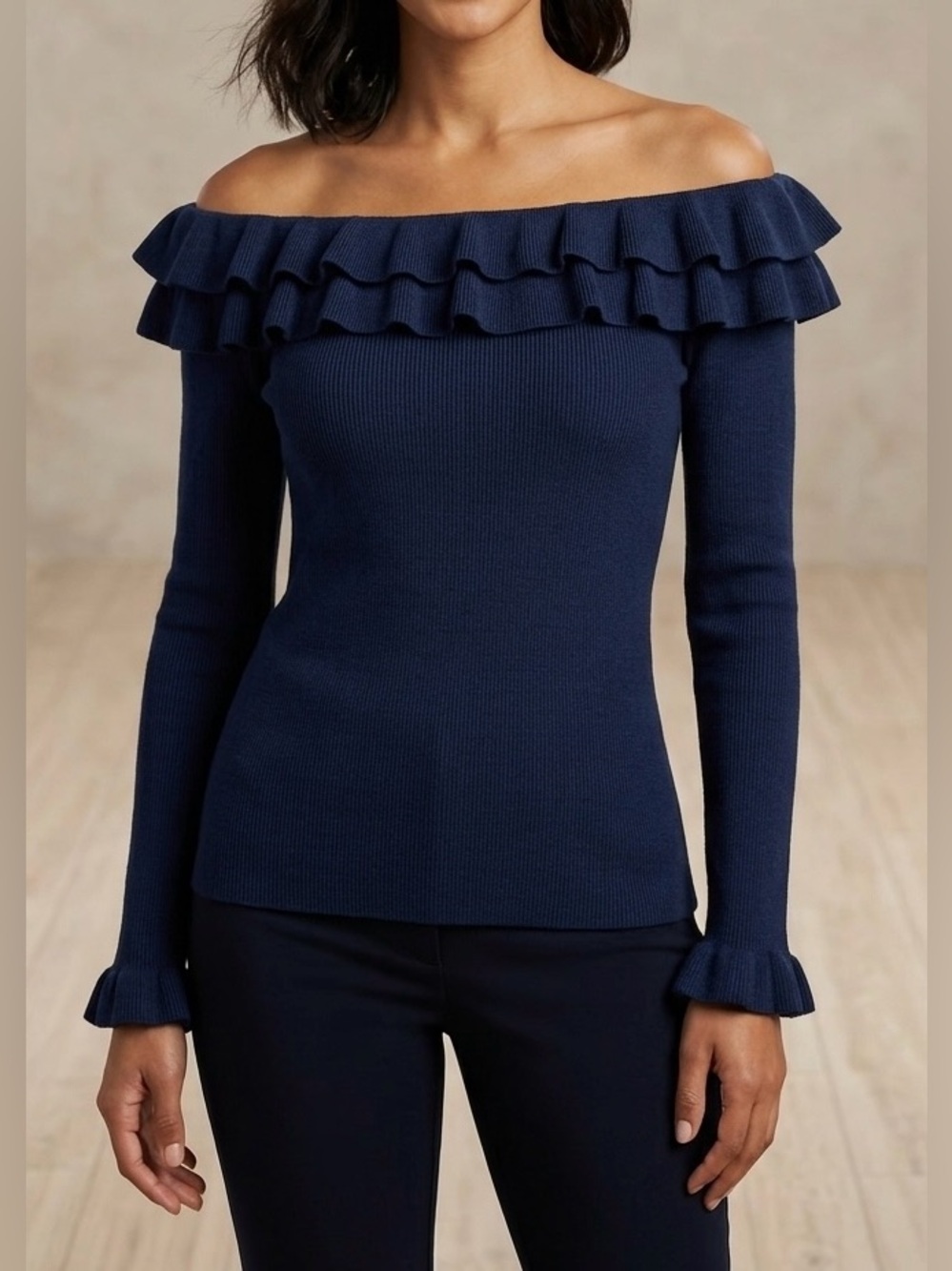 White House Black Market Navy Off The Shoulder Ruffle Knit Sweater Top Size S